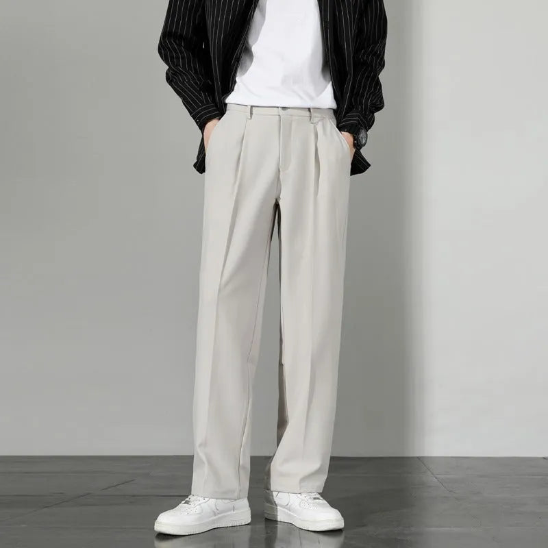 Loose Korean style casual wide leg trousers in polyester, shown in black, dark gray, light gray, or khaki, sizes S to 5XL.