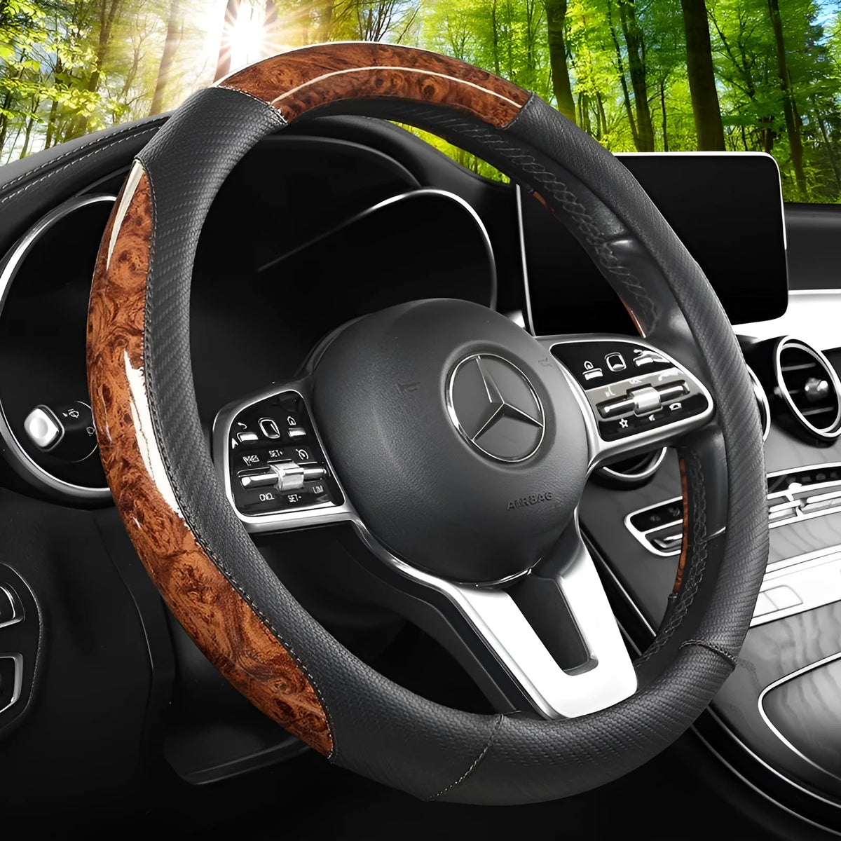 Leather steering wheel cover with crystal texture in black brown colour, round style, on a car steering wheel