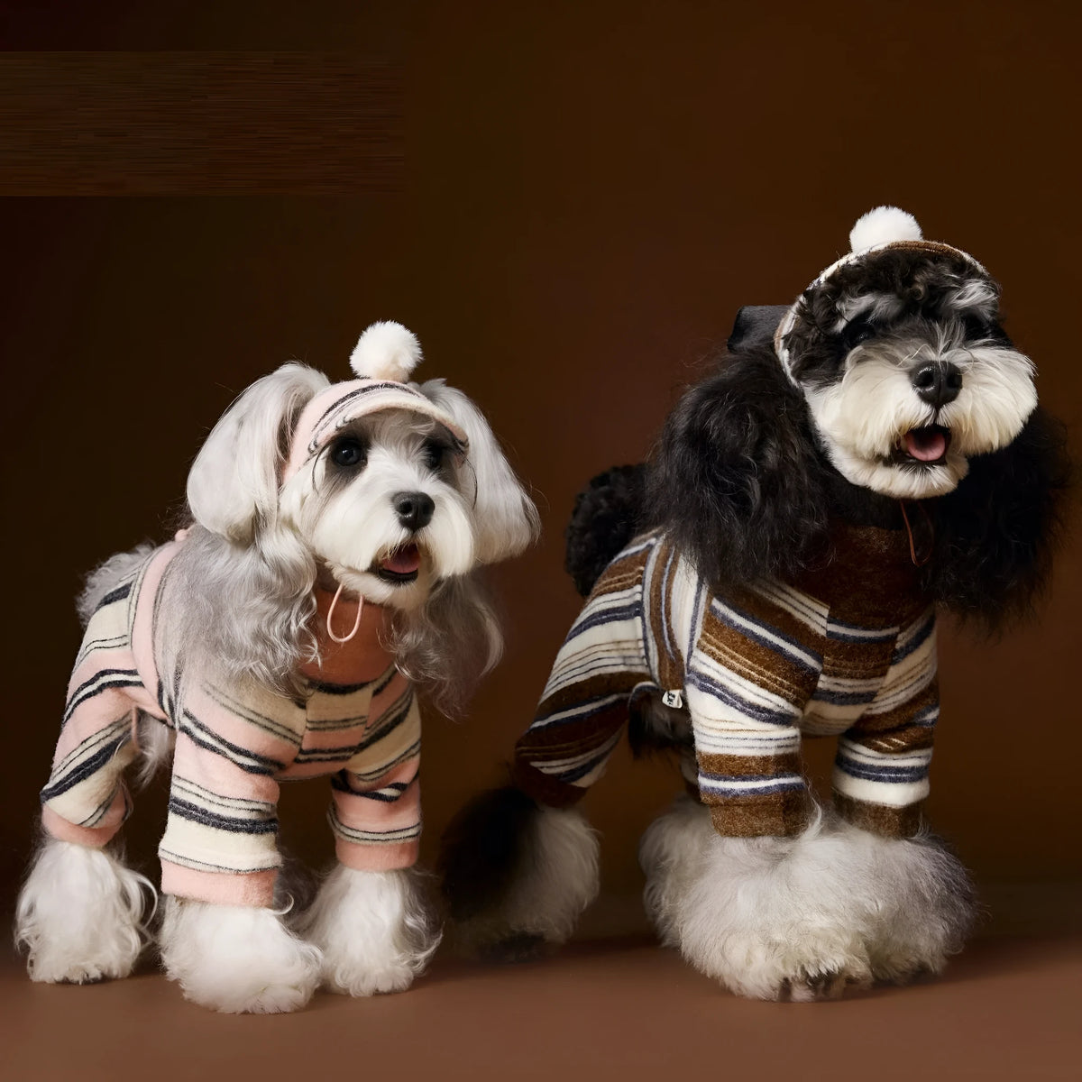 Four-leg striped dog sweater for small breeds in brown or pink, sizes XS to XXL