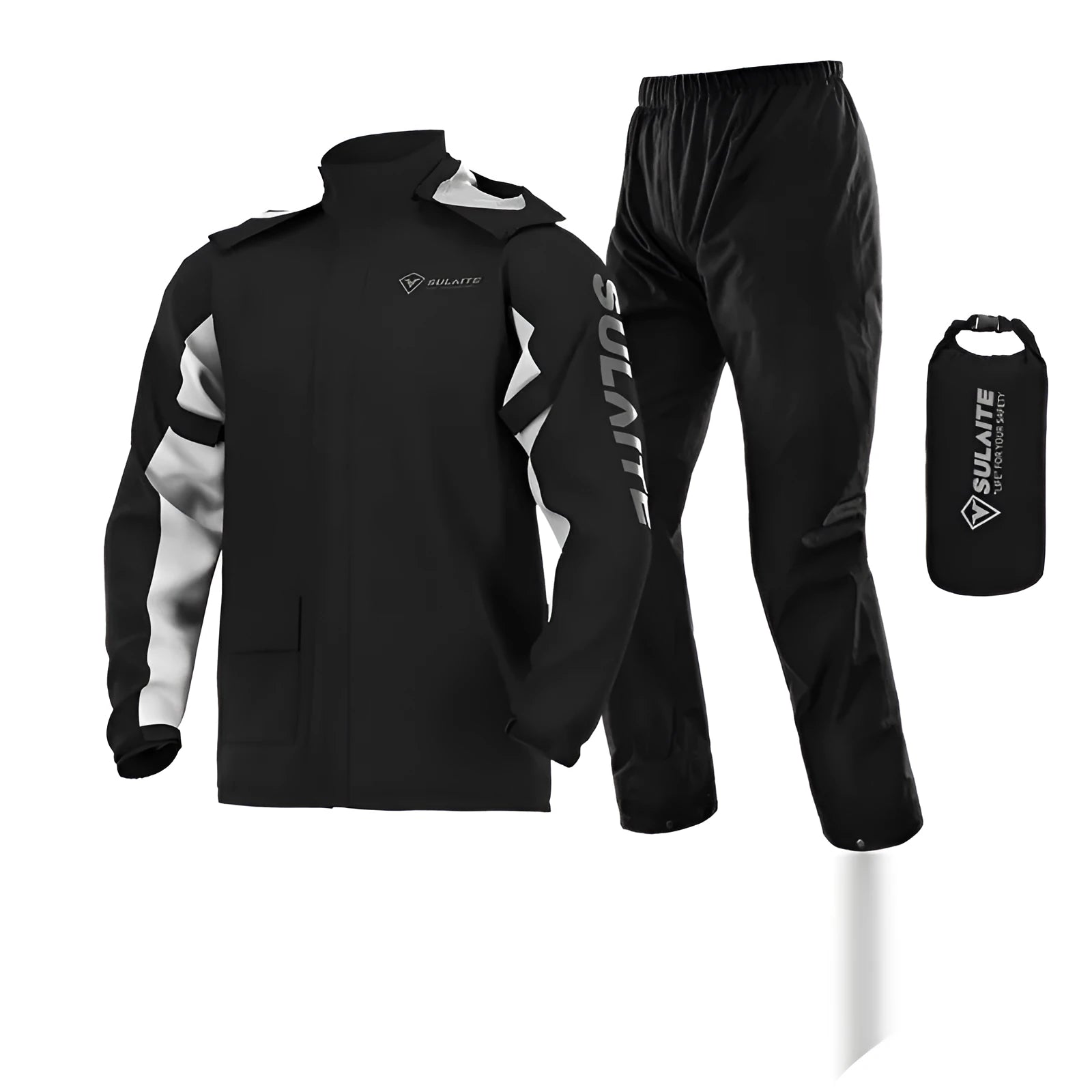 Adult motorcycle raincoat and rain pants set in black, with hidden shoe covers and storage bag.