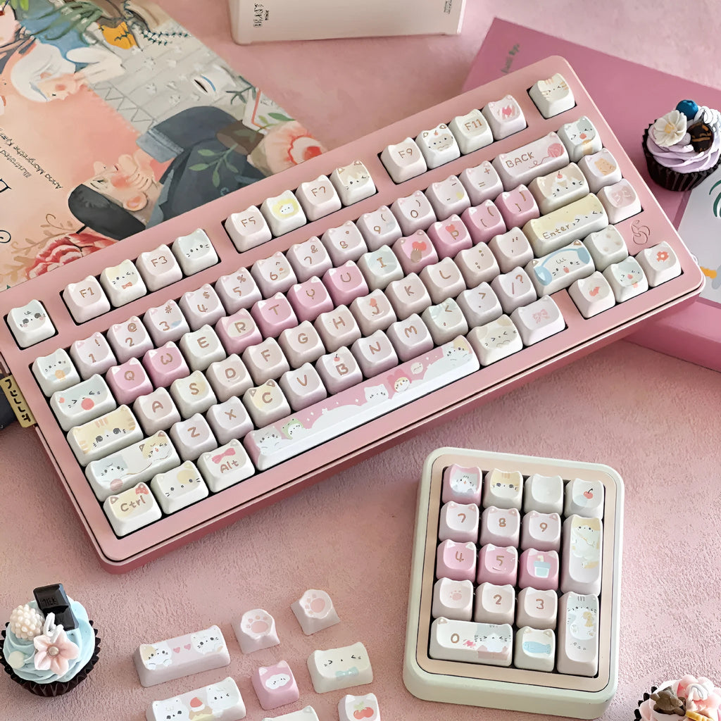 Meow Meow Team Height 141-piece five-sided sublimation key cap set for mechanical keyboards, showing detailed character prints.