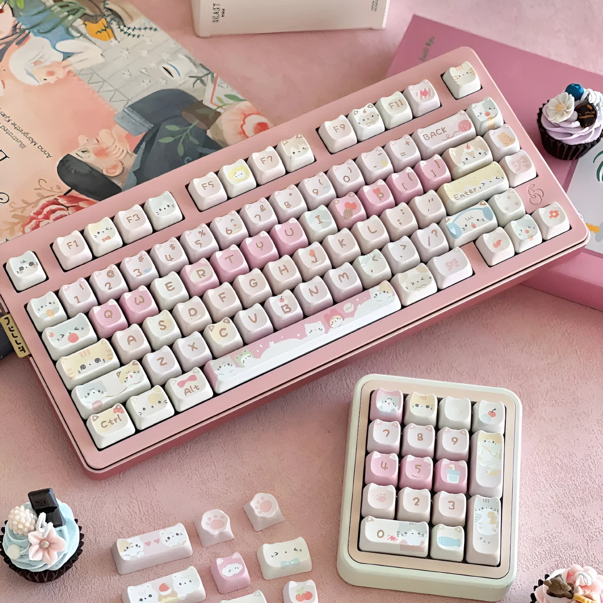 Meow Meow Team Height 141-piece five-sided sublimation key cap set for mechanical keyboards, showing detailed character prints.