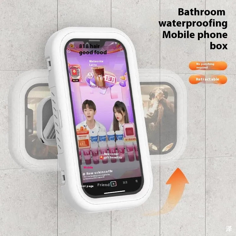 Bathroom waterproof punch-free wall-mounted touch screen anti-fog mobile phone bracket in electroplated white with rotatable arm and free base gel aromatherapy