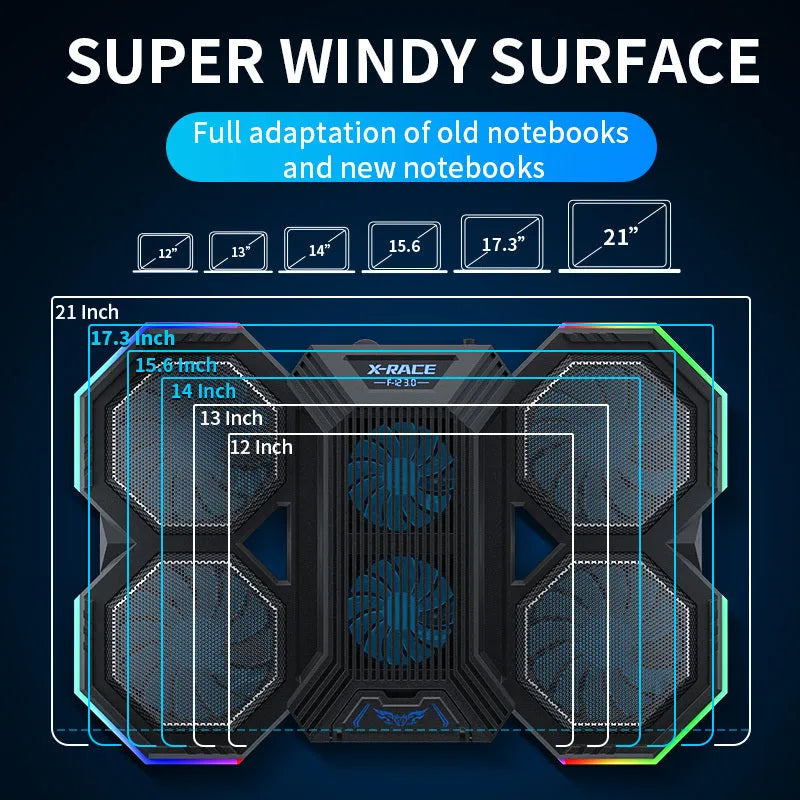 Laptop cooling pad with six large fans, RGB lighting, and ergonomic adjustable stand for 12-21 inch notebook computers