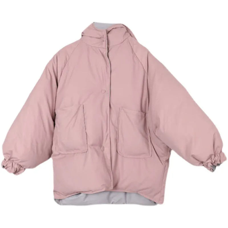 Korean reversible coat made of polyester in apricot colour with pockets and straight cut