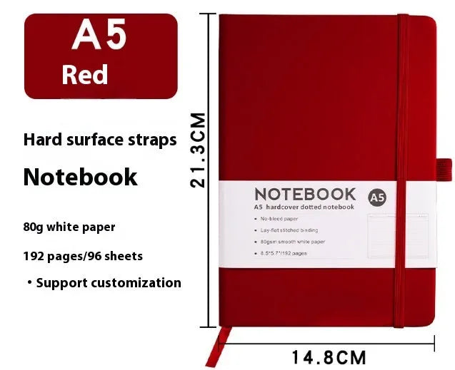 A5 soft touch PU leather strap diary open showing lined pages, closed with elastic band, in a choice of colours.
