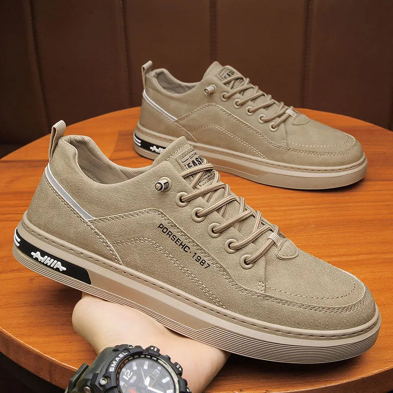 Men's waterproof casual work shoes with non-slip rubber soles in black, grey, and khaki colour options