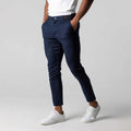 Men's grey straight-leg cotton blend business trousers with elastic waist and zip fly