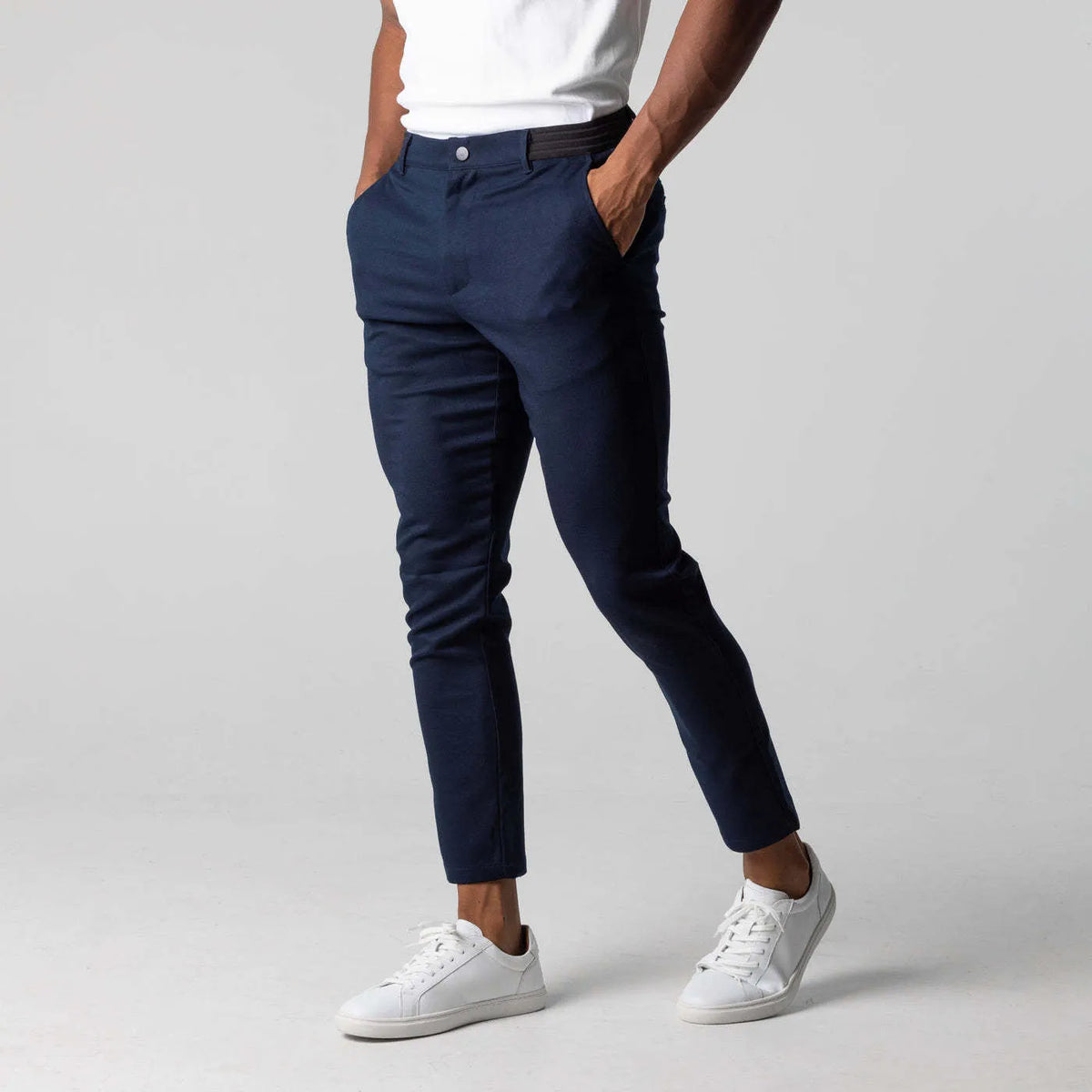 Men's grey straight-leg cotton blend business trousers with elastic waist and zip fly