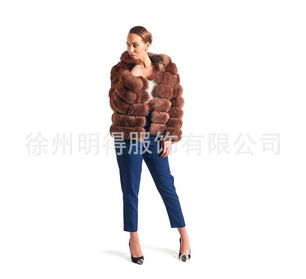 Women's brown artificial fur hooded coat on a hanger, street fashion style.