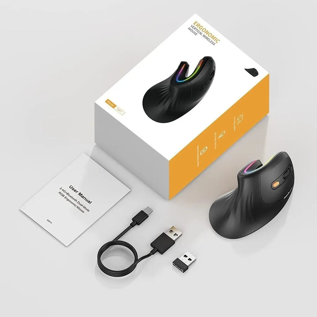 Black seenDa rechargeable vertical Bluetooth wireless mouse with RGB lighting on a desk.