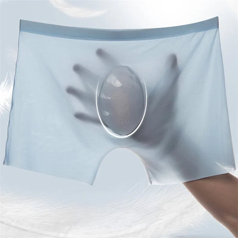 Mens ice silk seamless boxer shorts in black showing 3D pouch and lightweight fabric