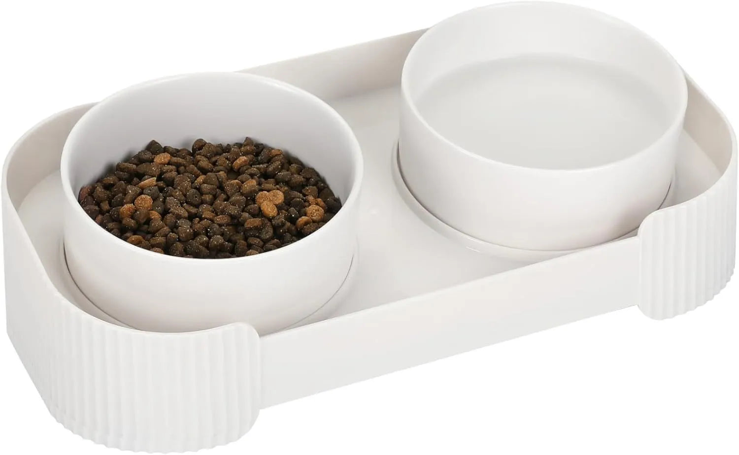 Green ceramic raised cat bowl set with two bowls on a tilted stand and non-slip base.