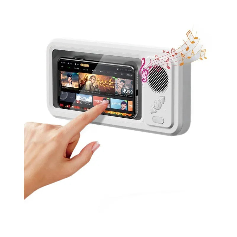 White bathroom waterproof mobile phone box bracket with charging cable mounted on tiled wall