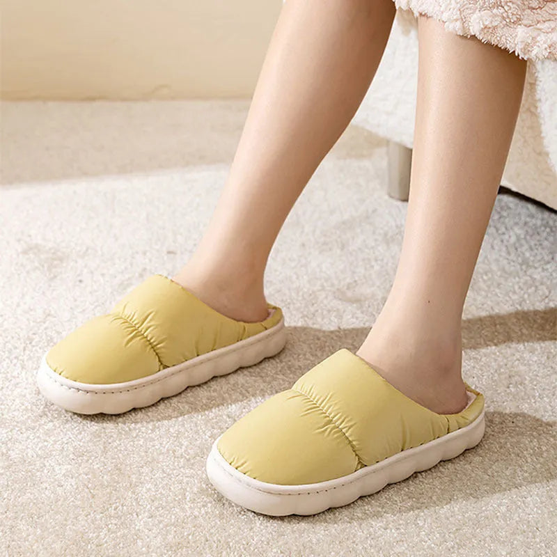 Blue down cotton slippers with artificial leather upper and thick rubber sole for indoor use