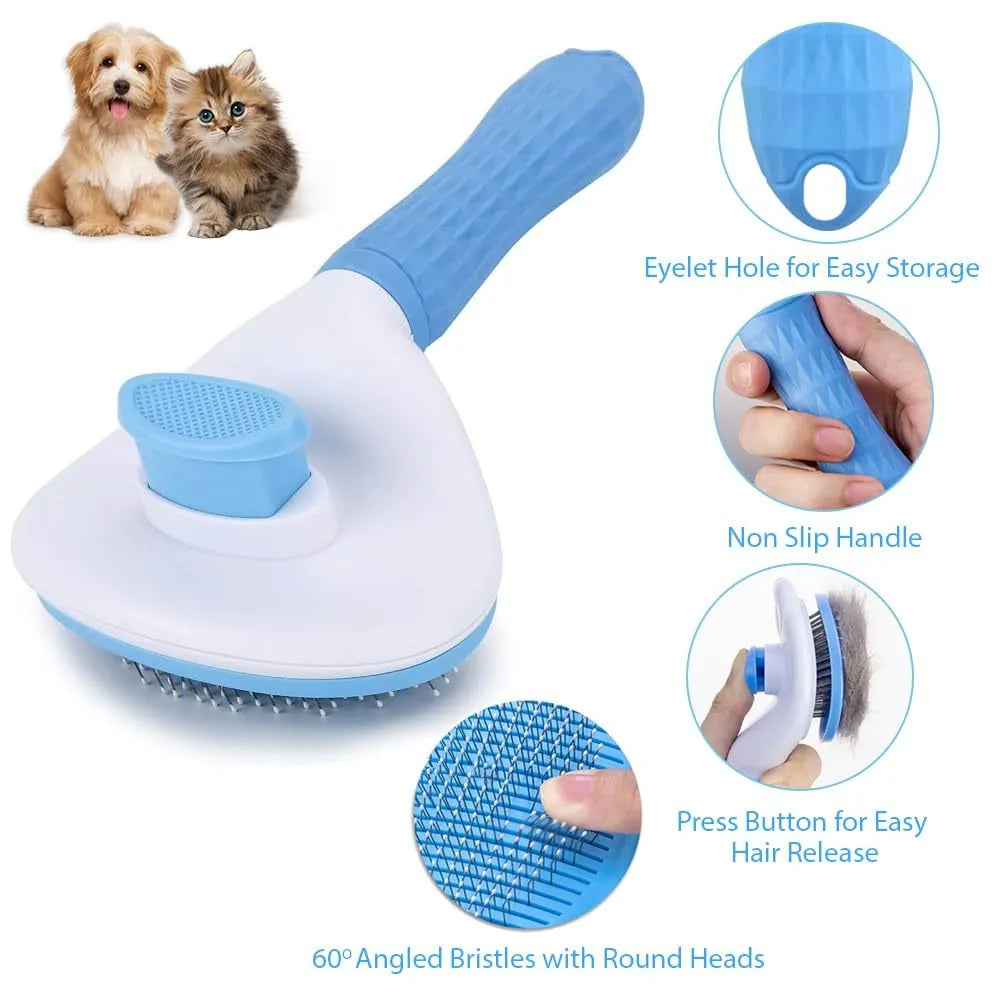 Blue, grey, and pink cat grooming brush with a release button for removing pet hair.