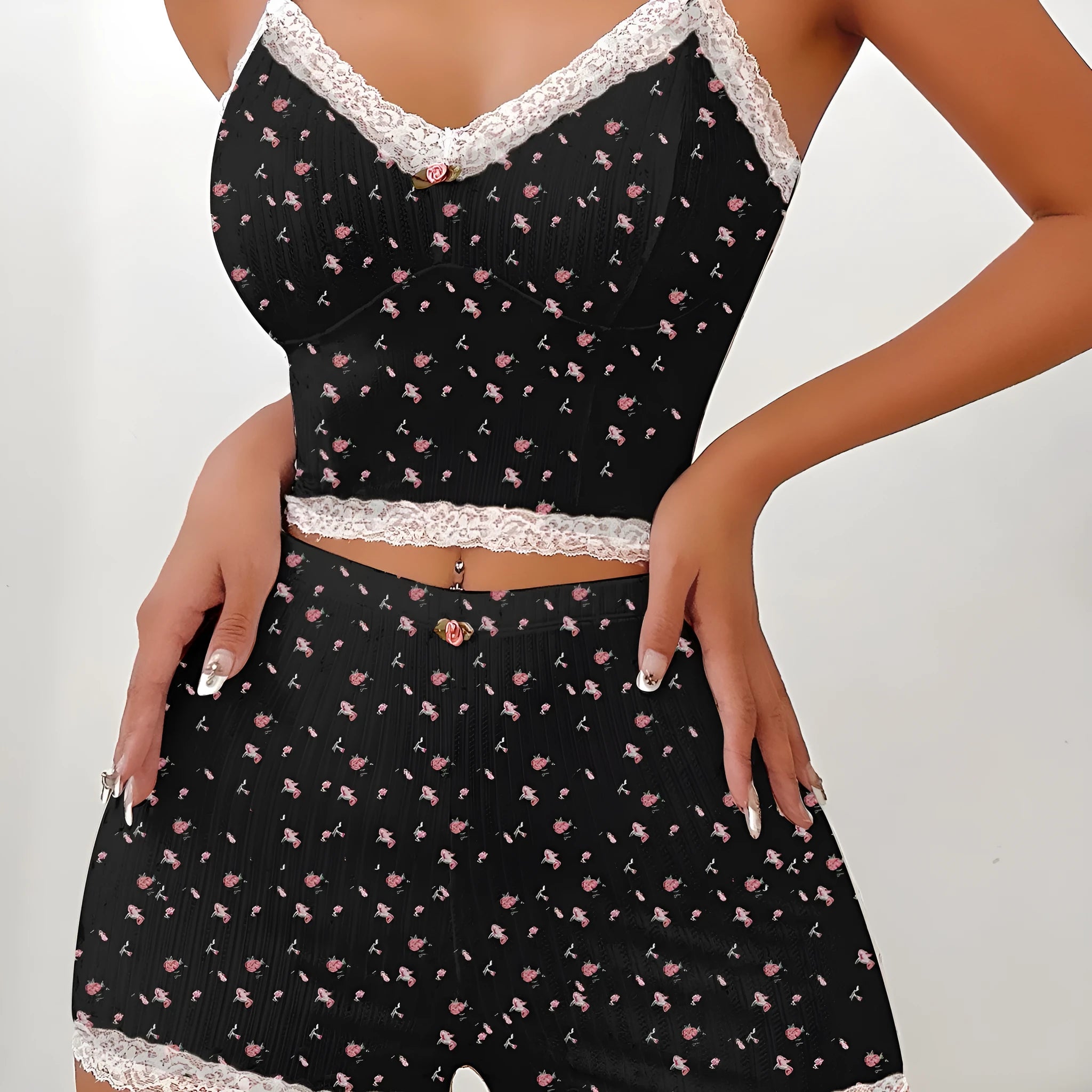 Design Sense ladies home leisure suit set sleeveless top and shorts in white floral print