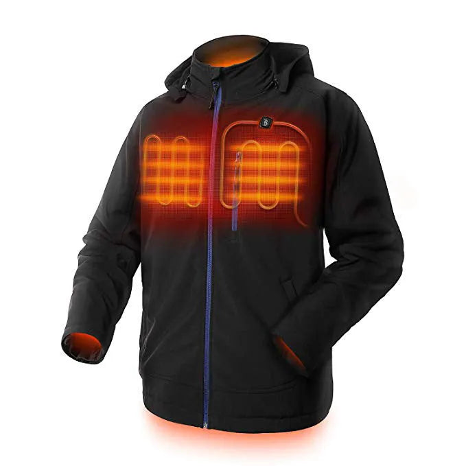 Black men's USB heated waterproof winter coat with long sleeves and zippered pockets