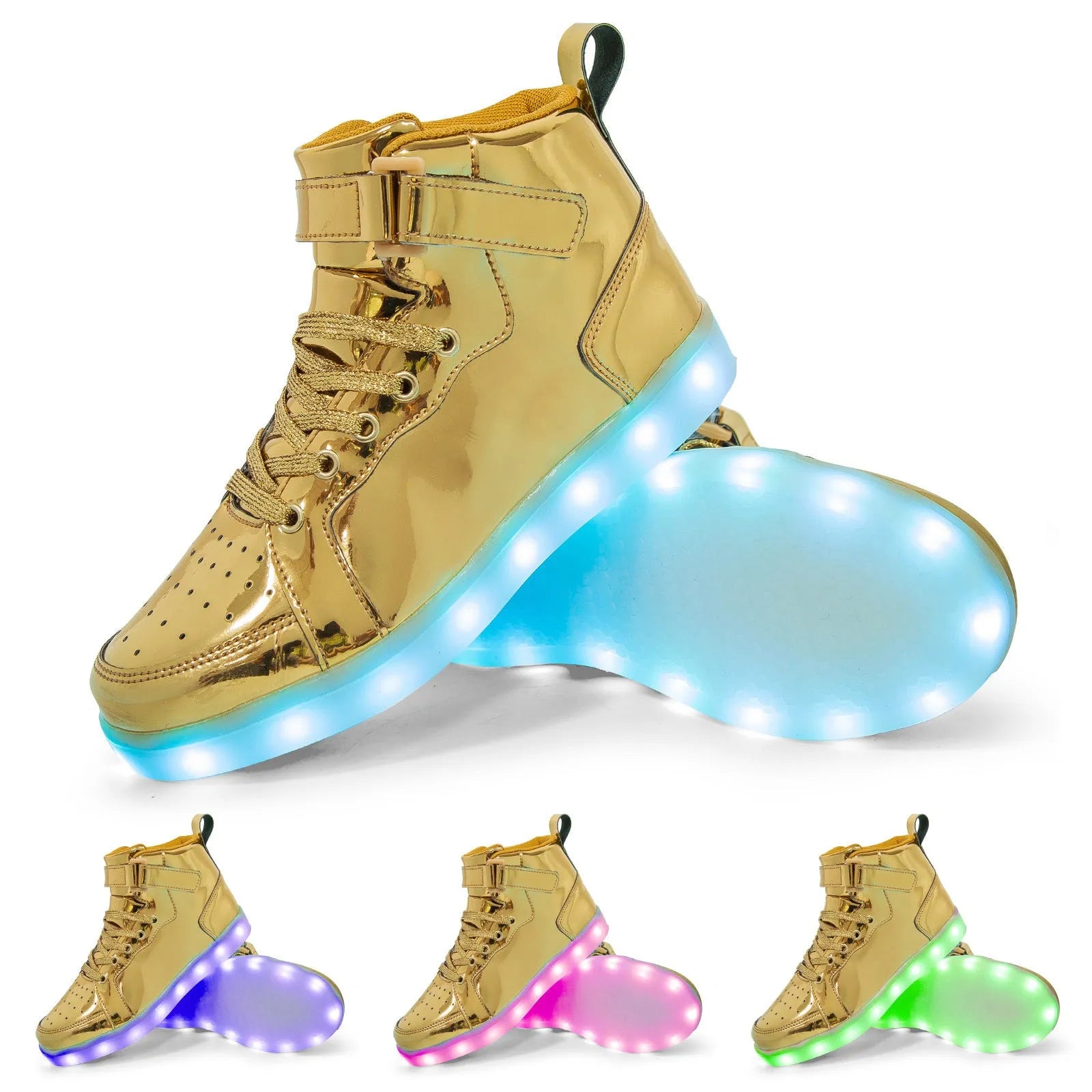 LED light-up high-top board shoes in black with velcro strap and rubber sole.