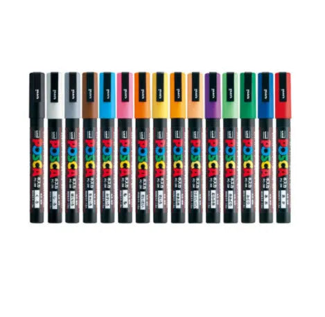Acrylic marker pen set with 0.9mm nibs in plastic casing, showing colour options from 8 to 24 pens