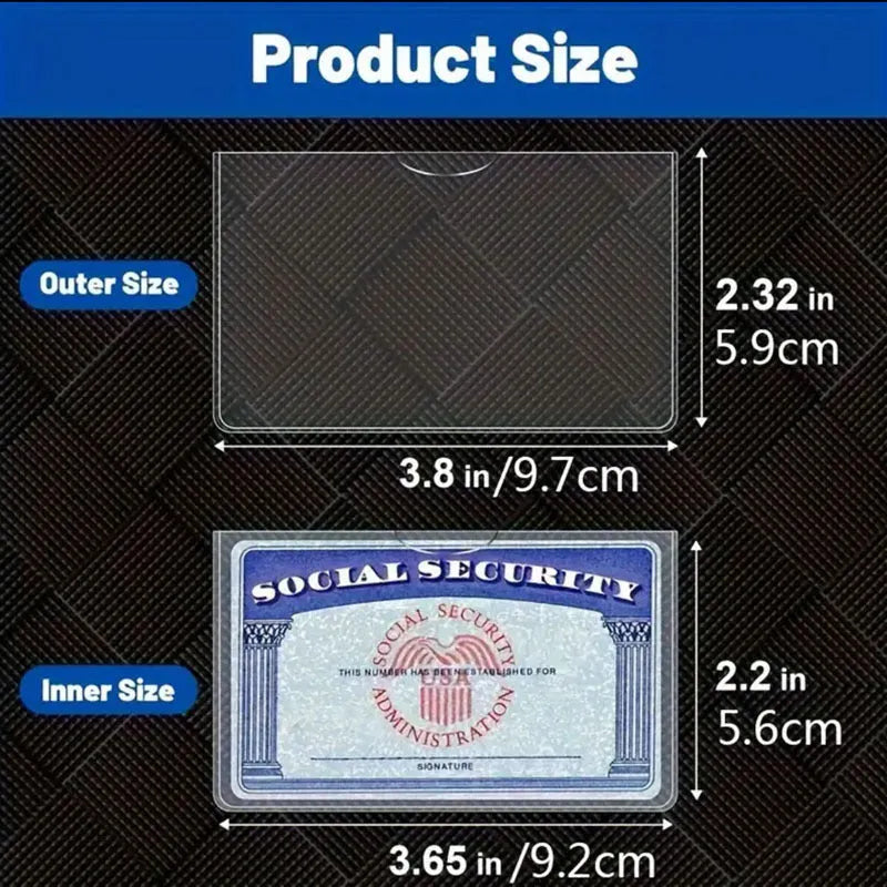 Transparent PVC social security card holder showing 9.7x5.9cm waterproof ID protector