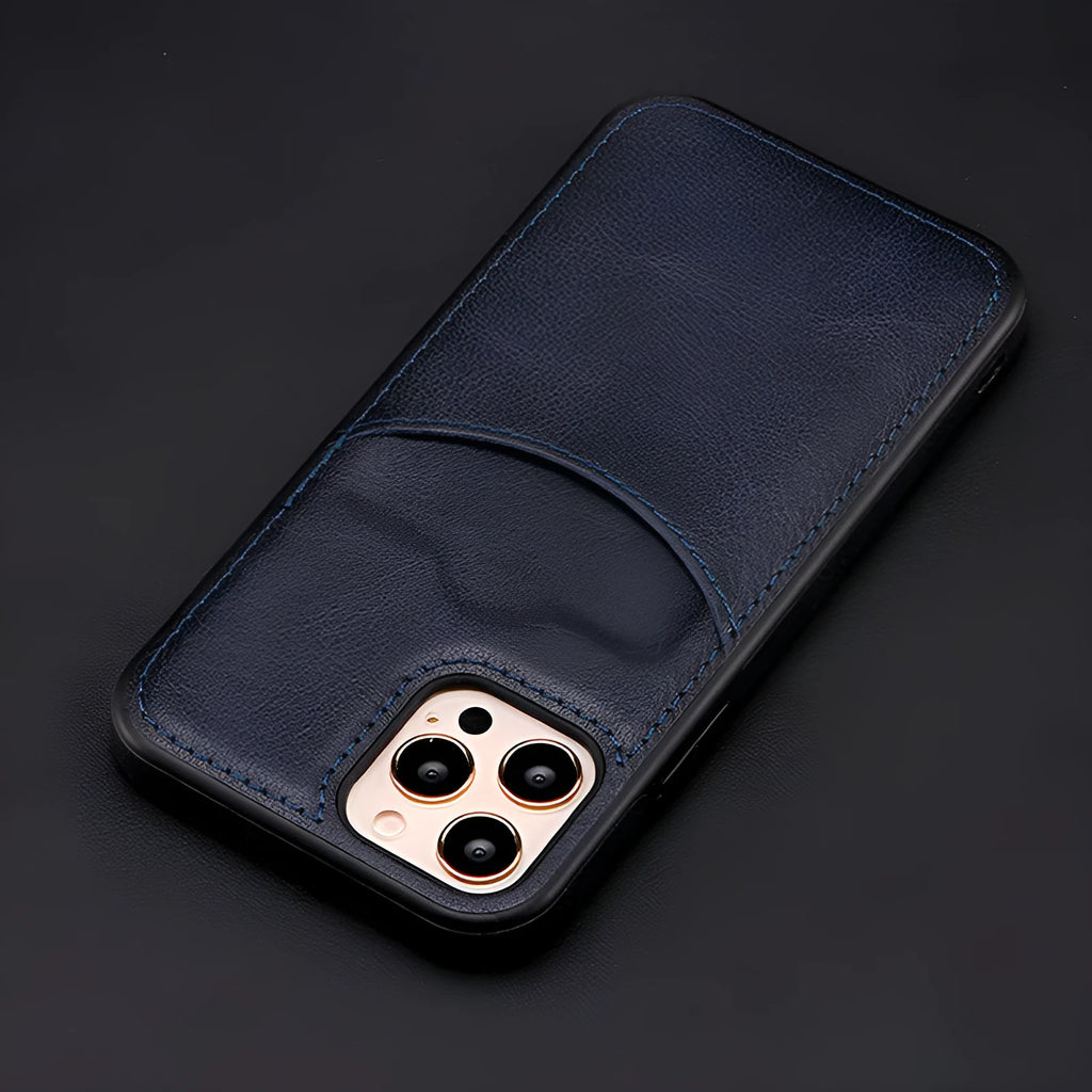 Dark blue PU leather protective case for an iPhone, showing the back and sides.
