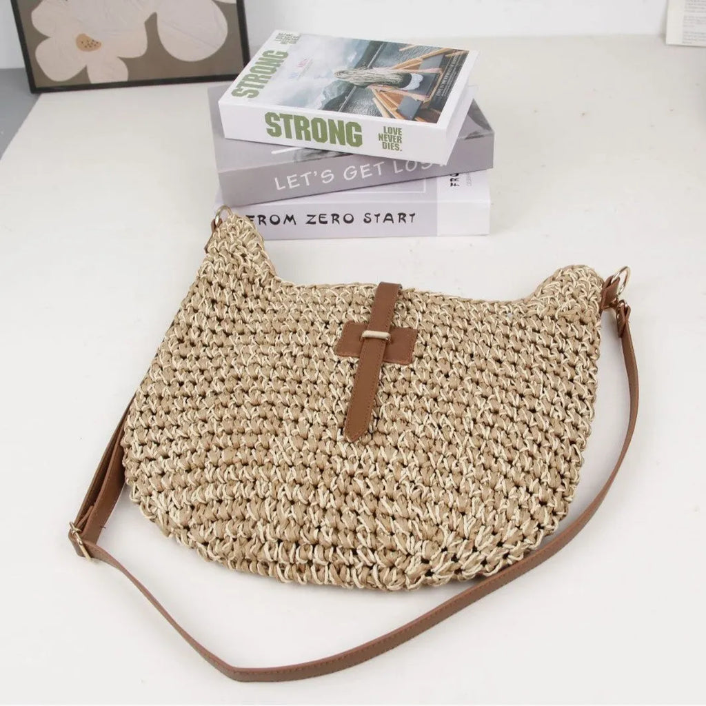 Handmade beige woven fashion bag with sandwich pocket and adjustable shoulder strap