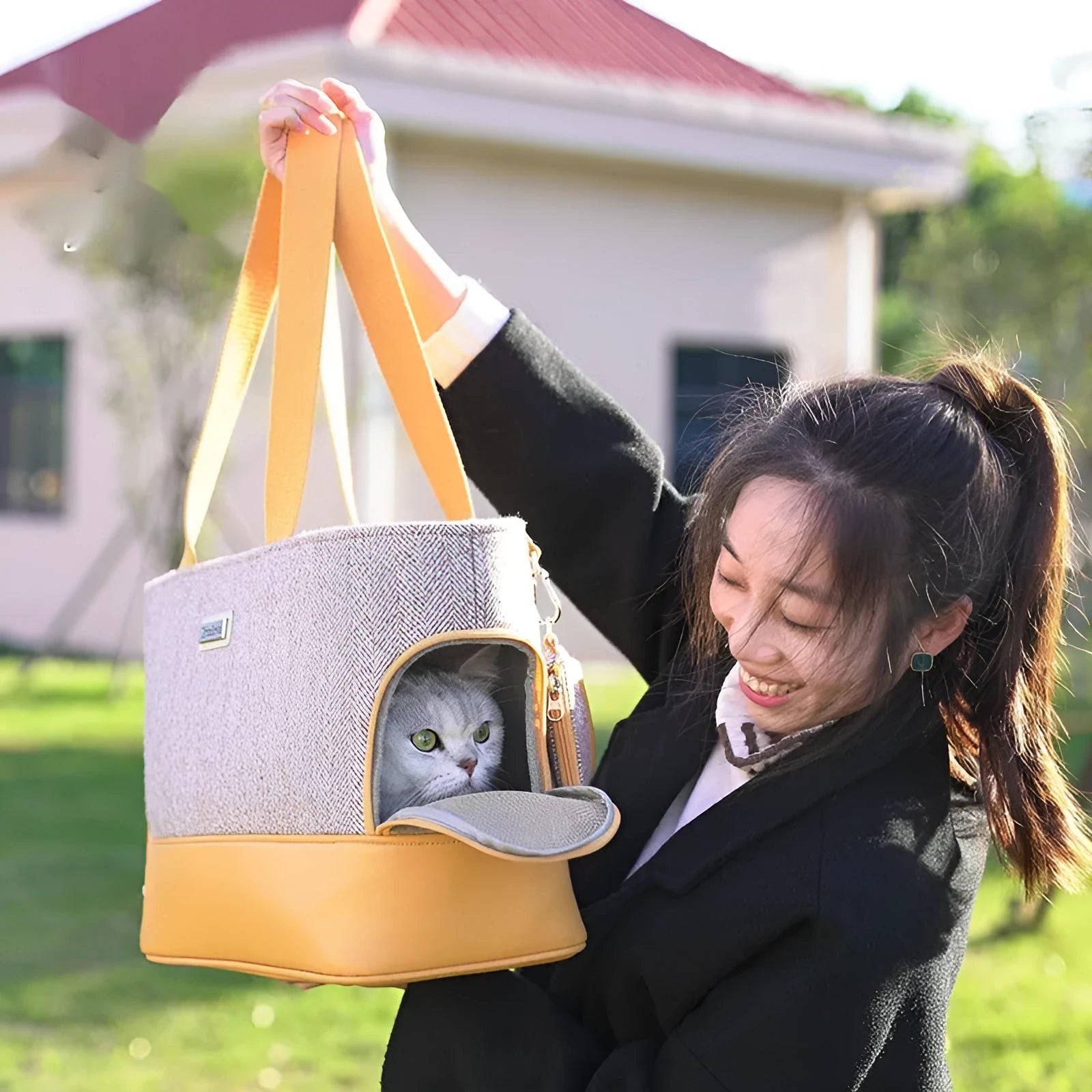 Portable pet backpack with breathable capsule design in wool PU material