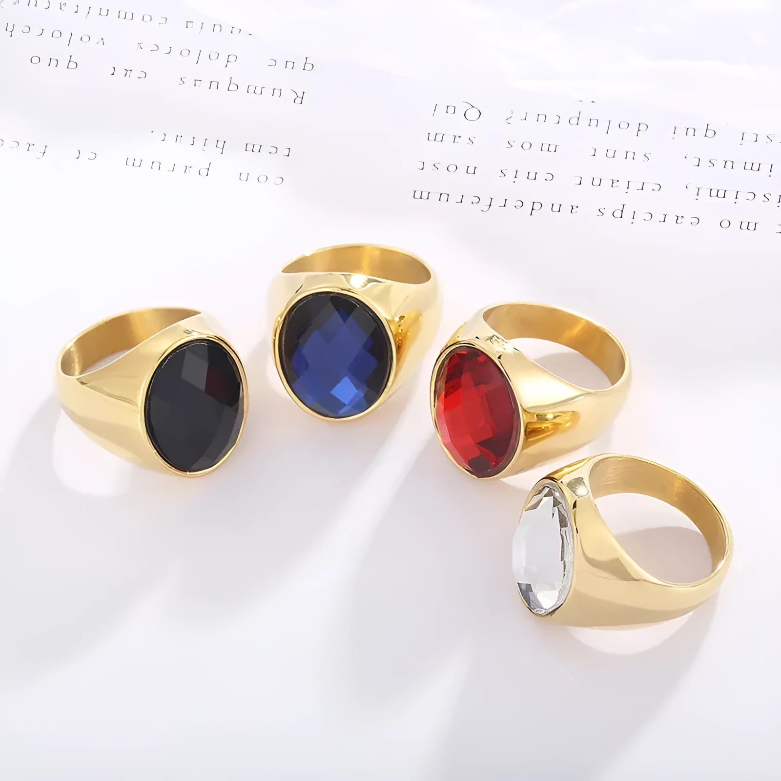 Stainless steel geometric oval ring for women with retro electroplated finish on plain background