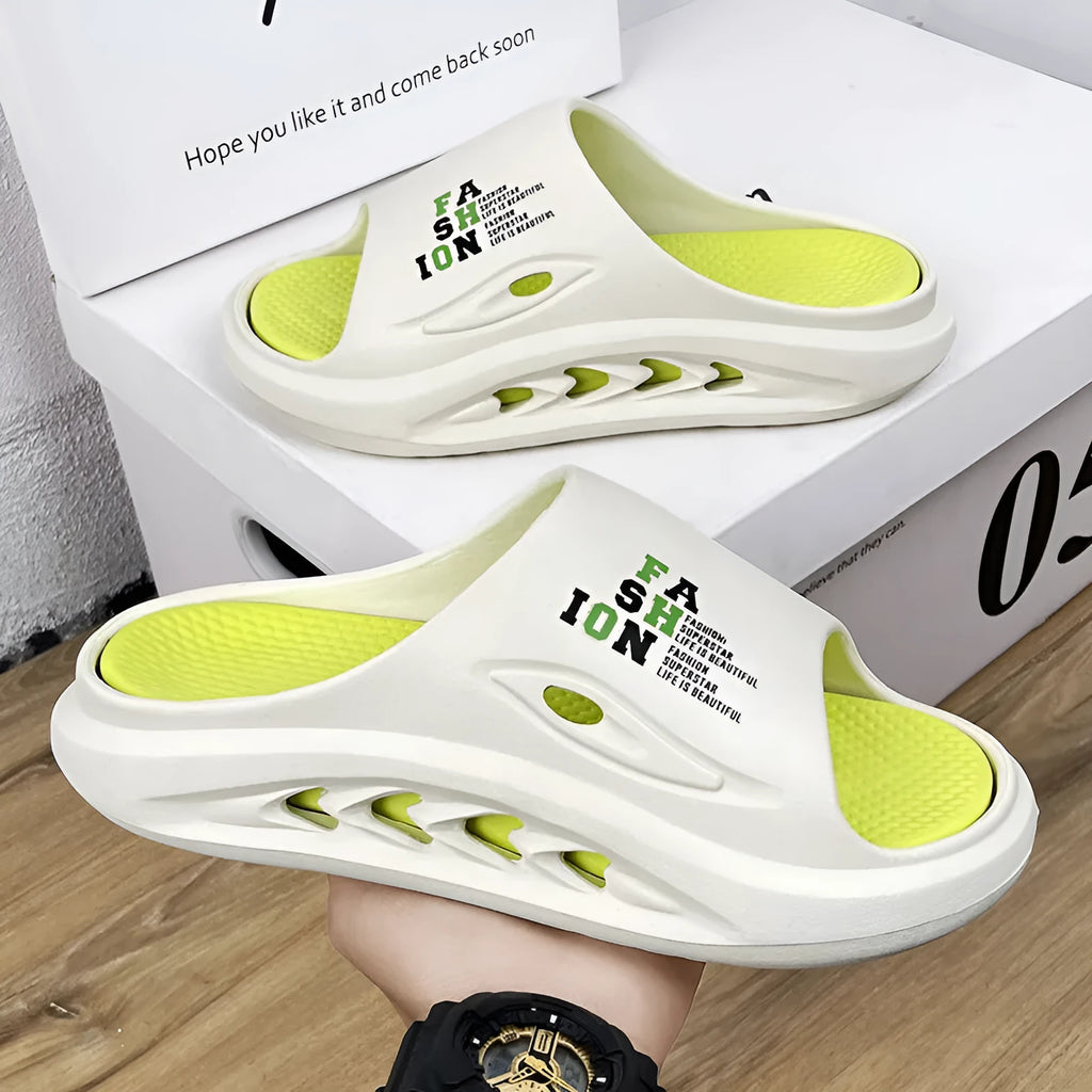 Men's thick-soled EVA sports slippers in colour-blocked design showing white and green option