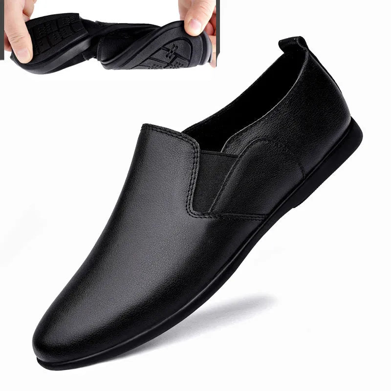 Men's black and brown leather business casual shoes with round toe on a white background.