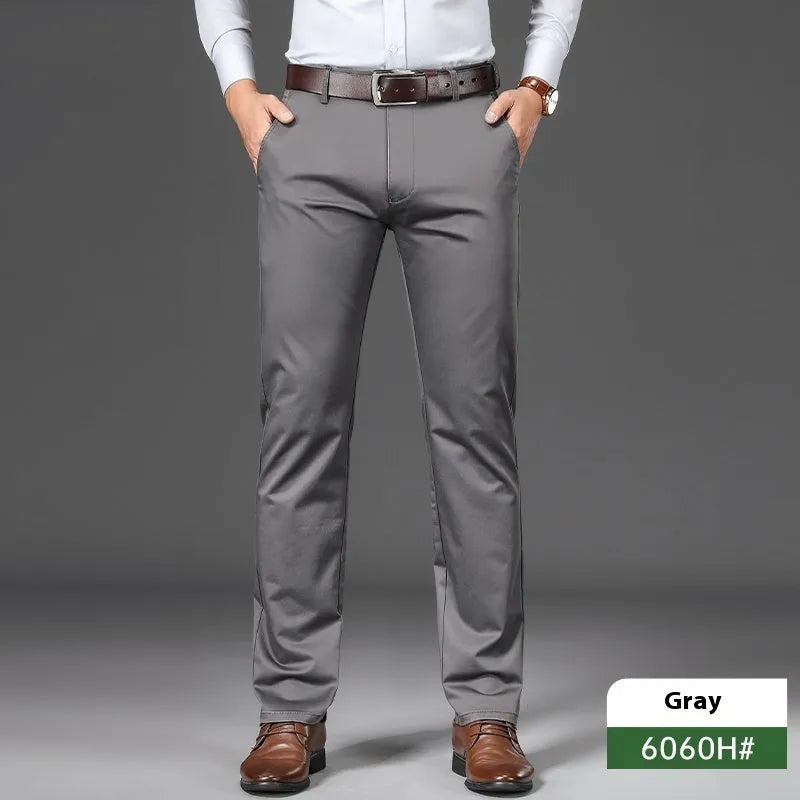Men's straight leg non-ironing casual trousers in black, grey, khaki, and blue.