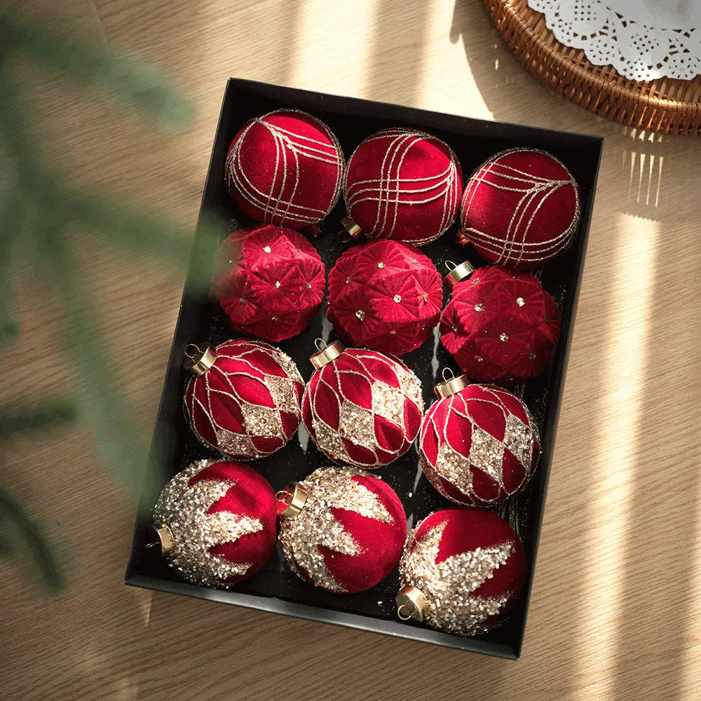 Flocked Christmas ball pendants in wine red, milky white, and Maillard, supplied in a 12-piece paper box