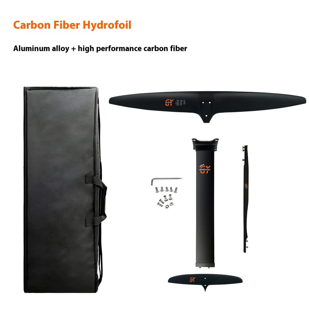 Black carbon fibre and aluminium racing hydrofoil for surfing with large front wing.