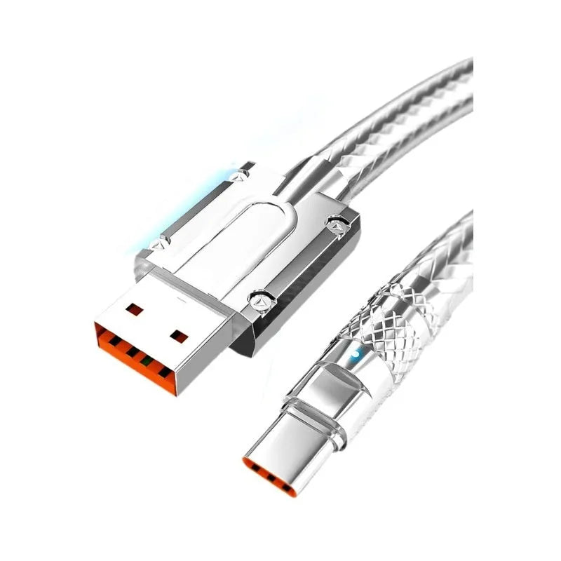 Type C silver grey woven braided data cable with 6A super fast charge and 1.5 metre length
