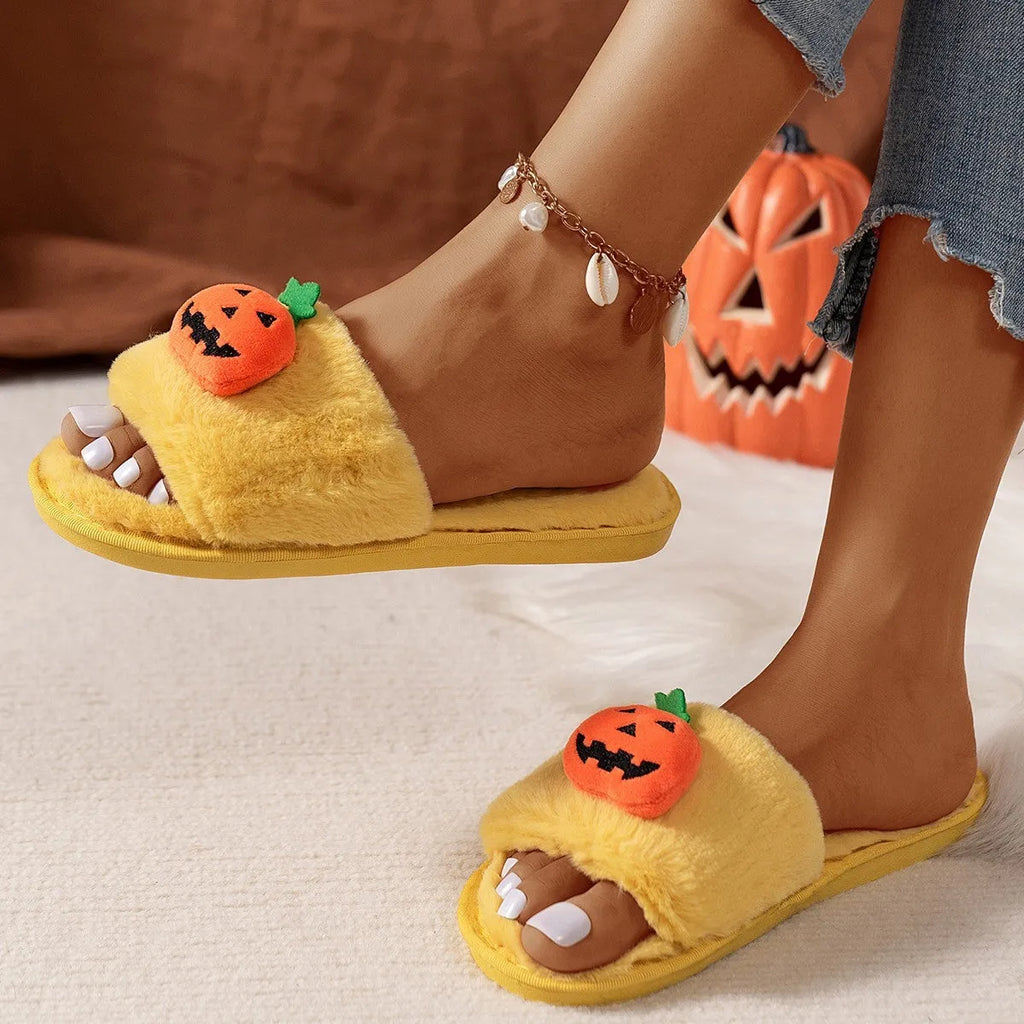 Pumpkin plush slippers with cartoon design, synthetic fur upper and PVC sole