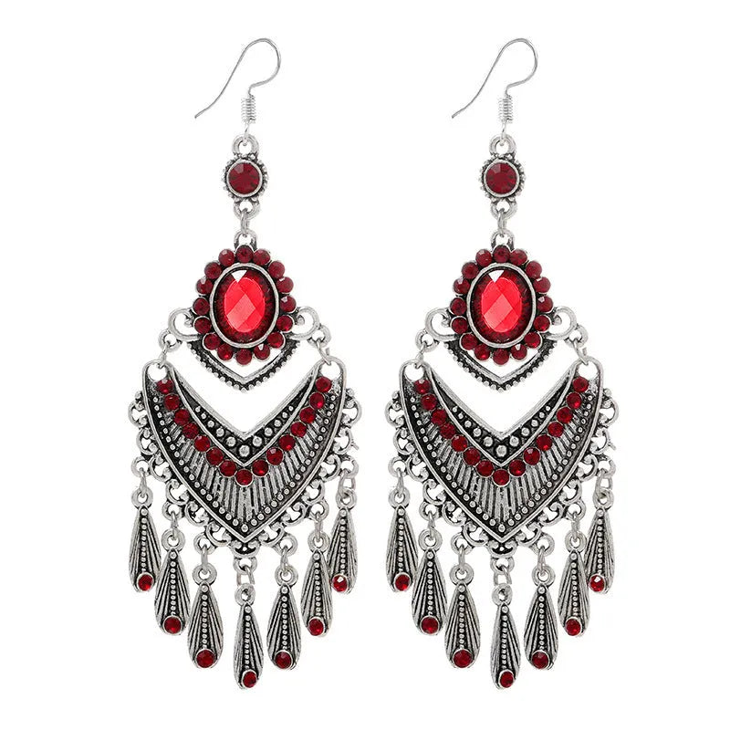 Purple retro court crystal long fringe drop earrings with ethnic style alloy construction