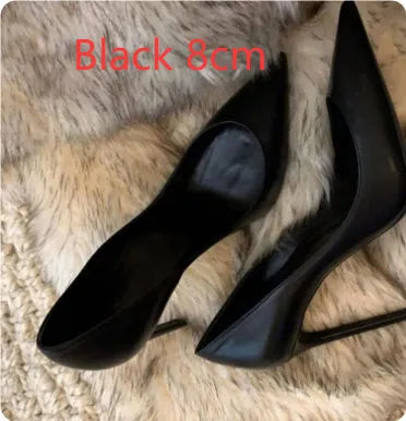 Women's black stiletto heel pump work shoes with PU upper and rubber sole