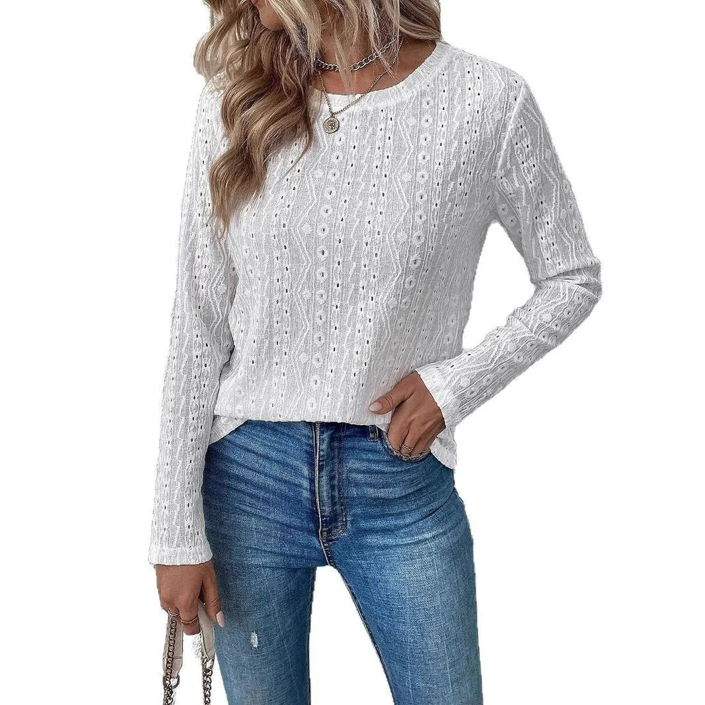 White loose fit hollow t-shirt top with long sleeves and round neck design for women