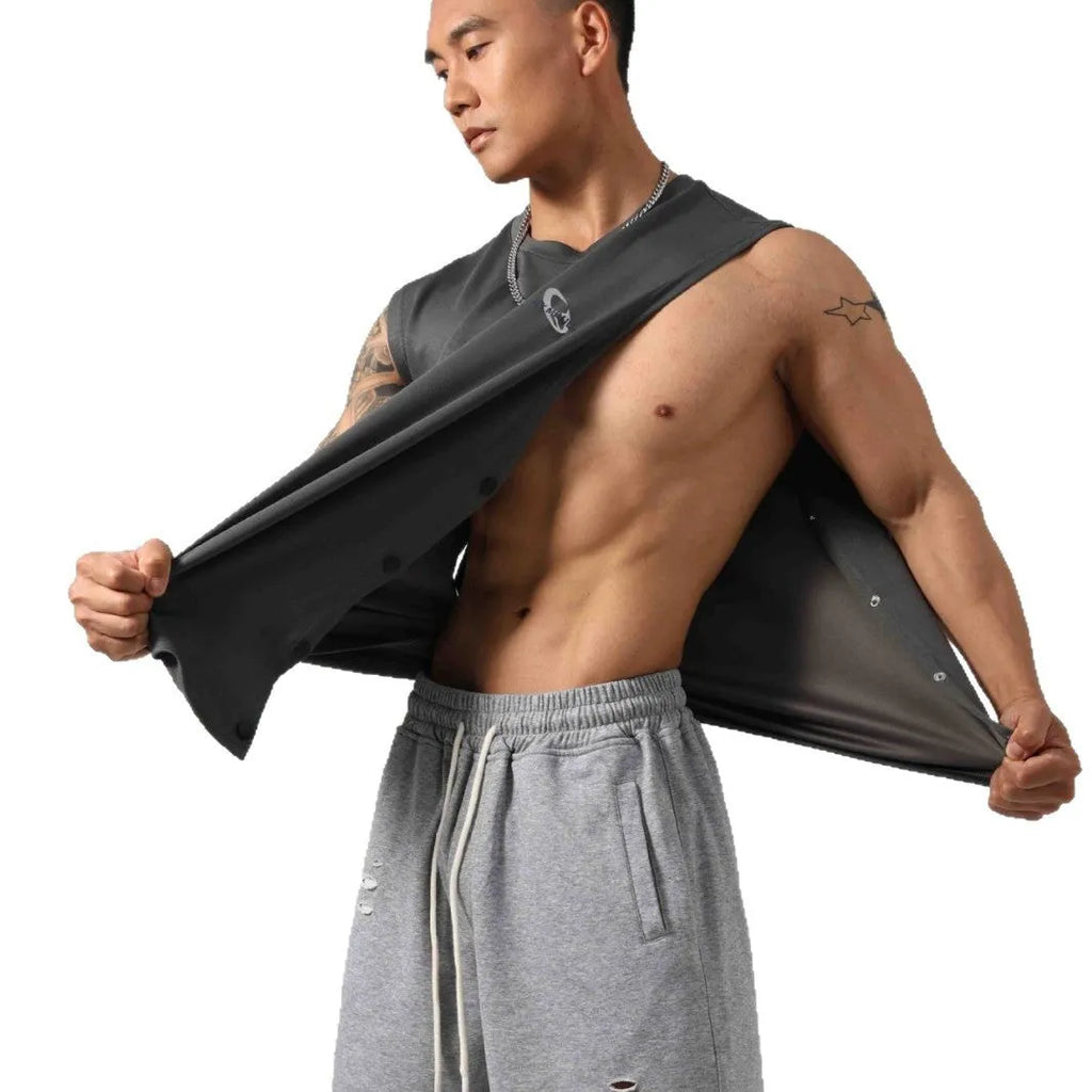 Men's loose black cotton fitness vest showing hidden hook side opening detail.
