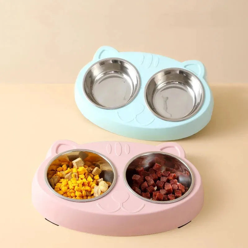 Blue macaron pet feeding tray with two compartments for food and water on non-slip base
