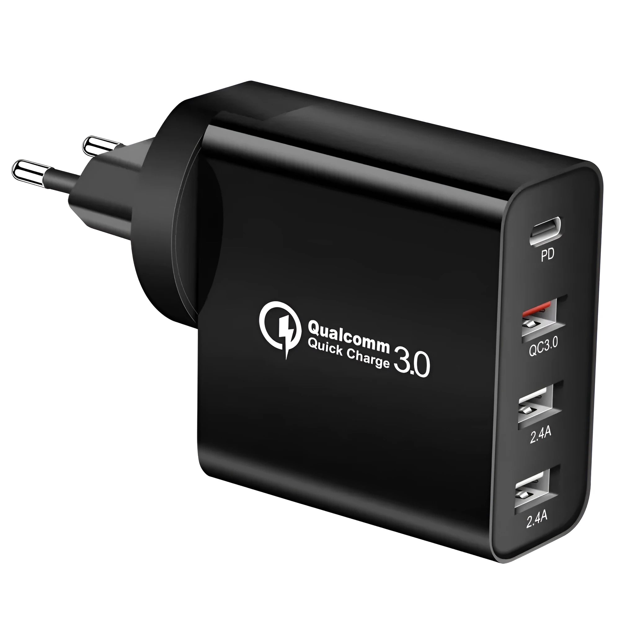 White multi-port fast charge wall charger with international plug options on a desk