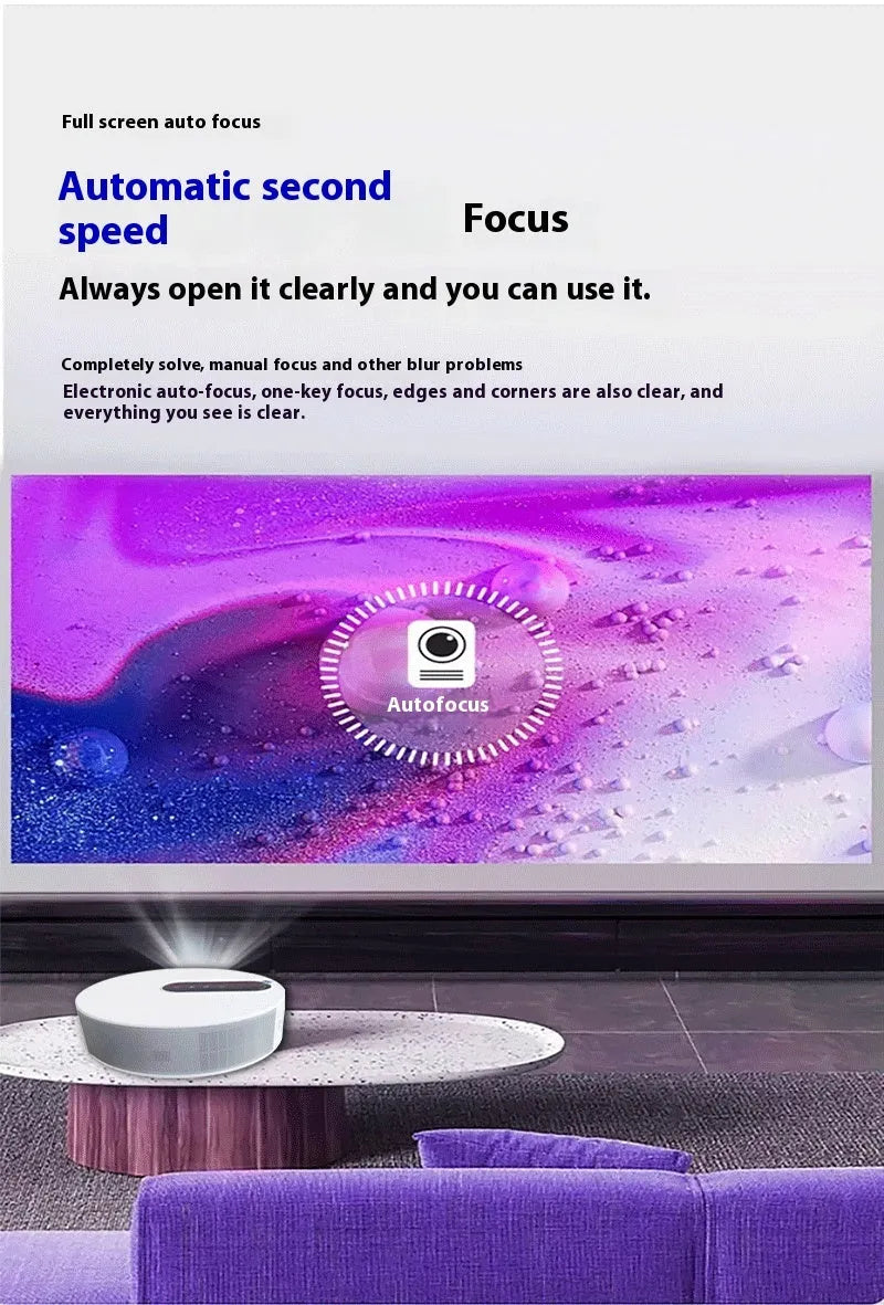 White HD projector with remote control on stand showing 720p resolution display
