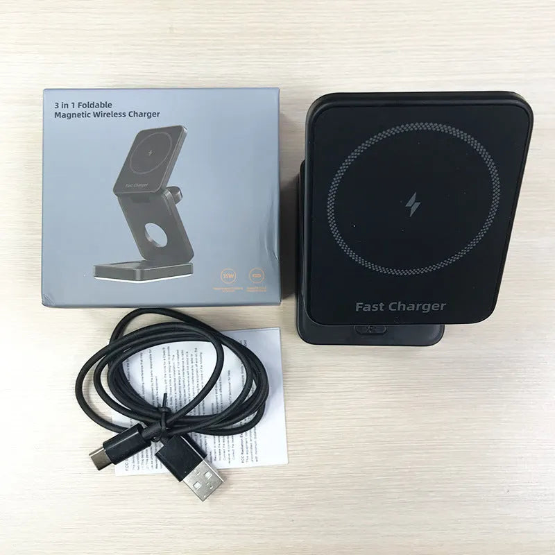 Three-in-one folding magnetic wireless charger in black or white with USB cable and manual