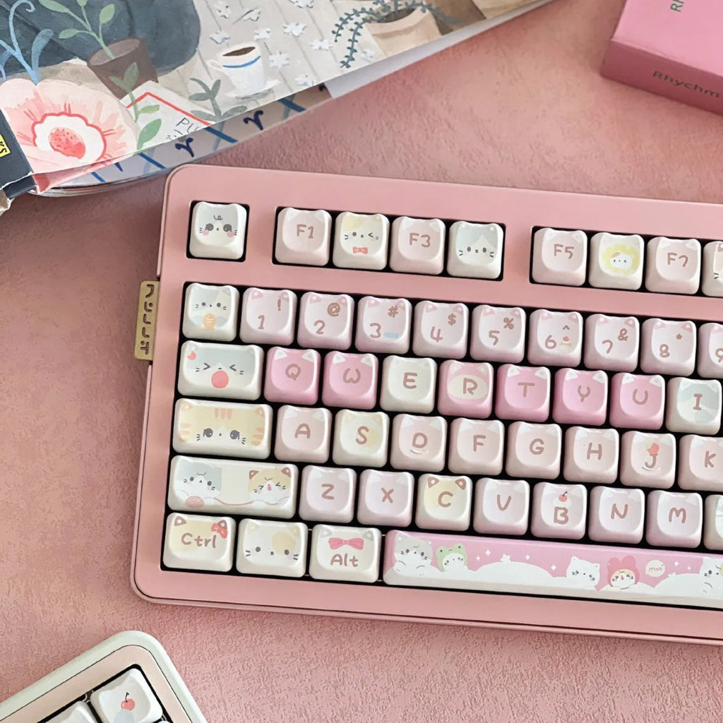 Meow Meow Team Height 141-piece five-sided sublimation key cap set for mechanical keyboards, showing detailed character prints.