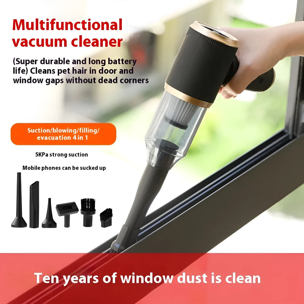 Household car portable handheld vacuum cleaner with wireless charging base, black rubber type grip, gray spray paint finish