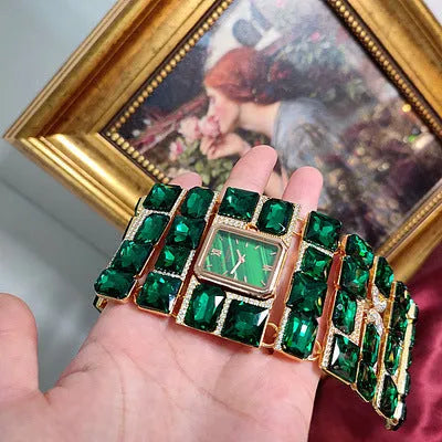 Antique court retro bracelet watch with round glass and coloured glaze dial and alloy bracelet