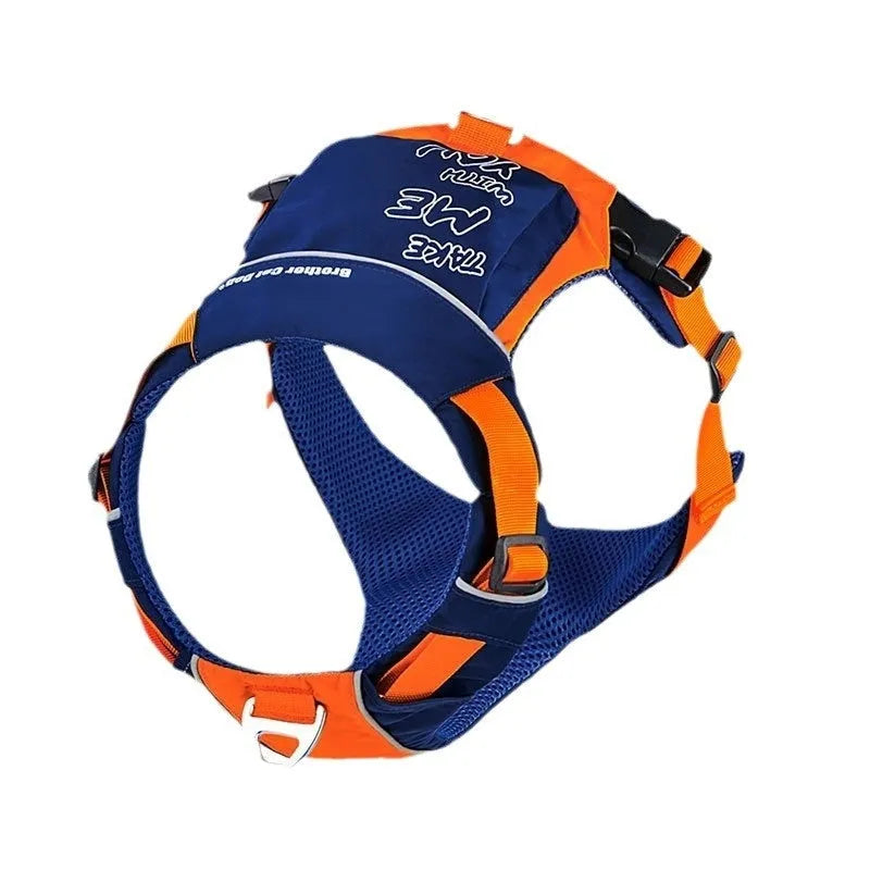 Orange blue nylon dog chest strap harness showing vest style design with single chest back loop