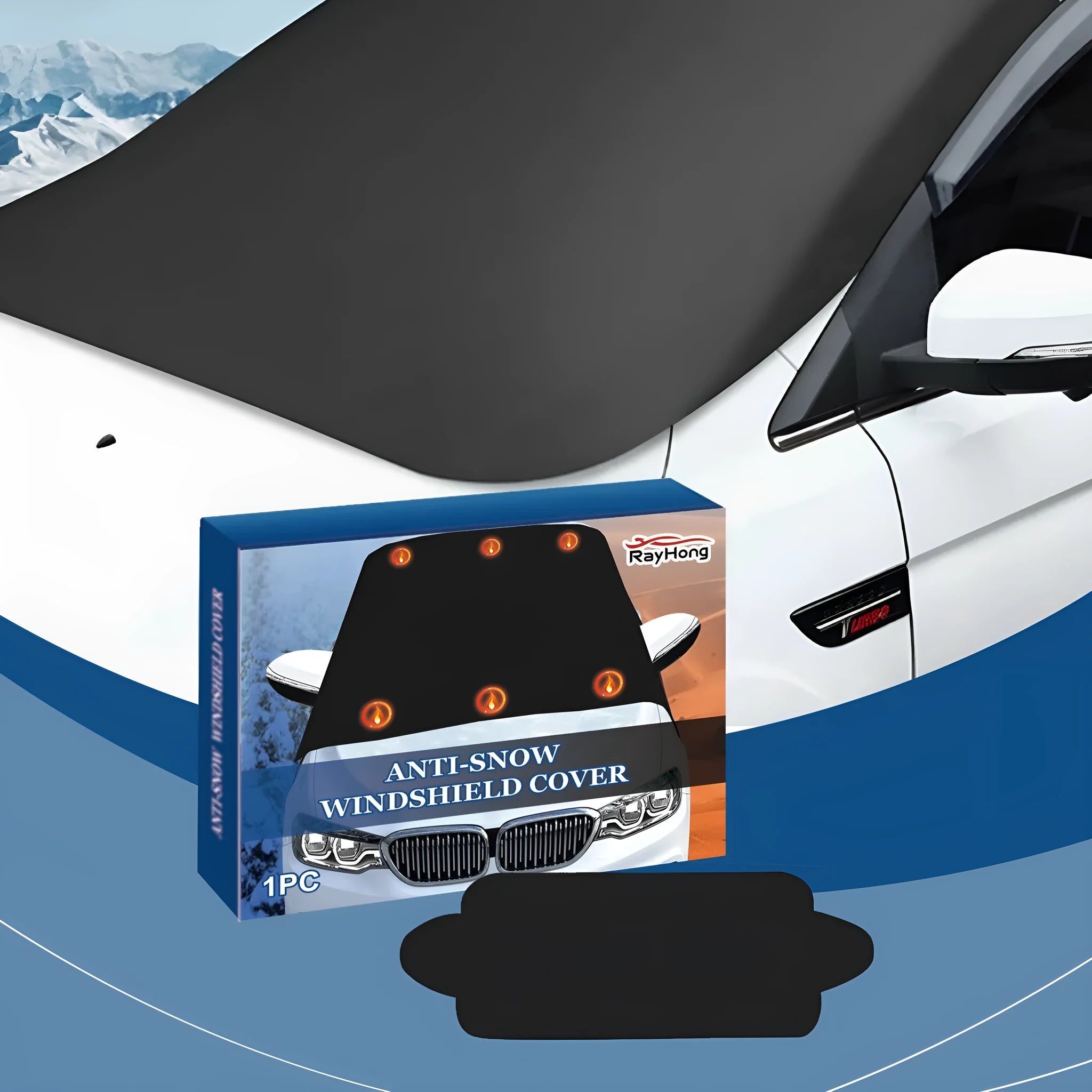 Black thickened snow-proof car cover on a car window for winter protection