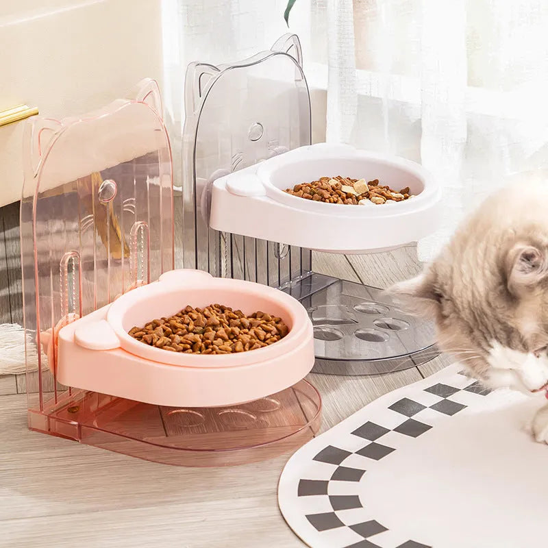 Grey cat food bowl with protective cat ear design around rim for neck protection during feeding
